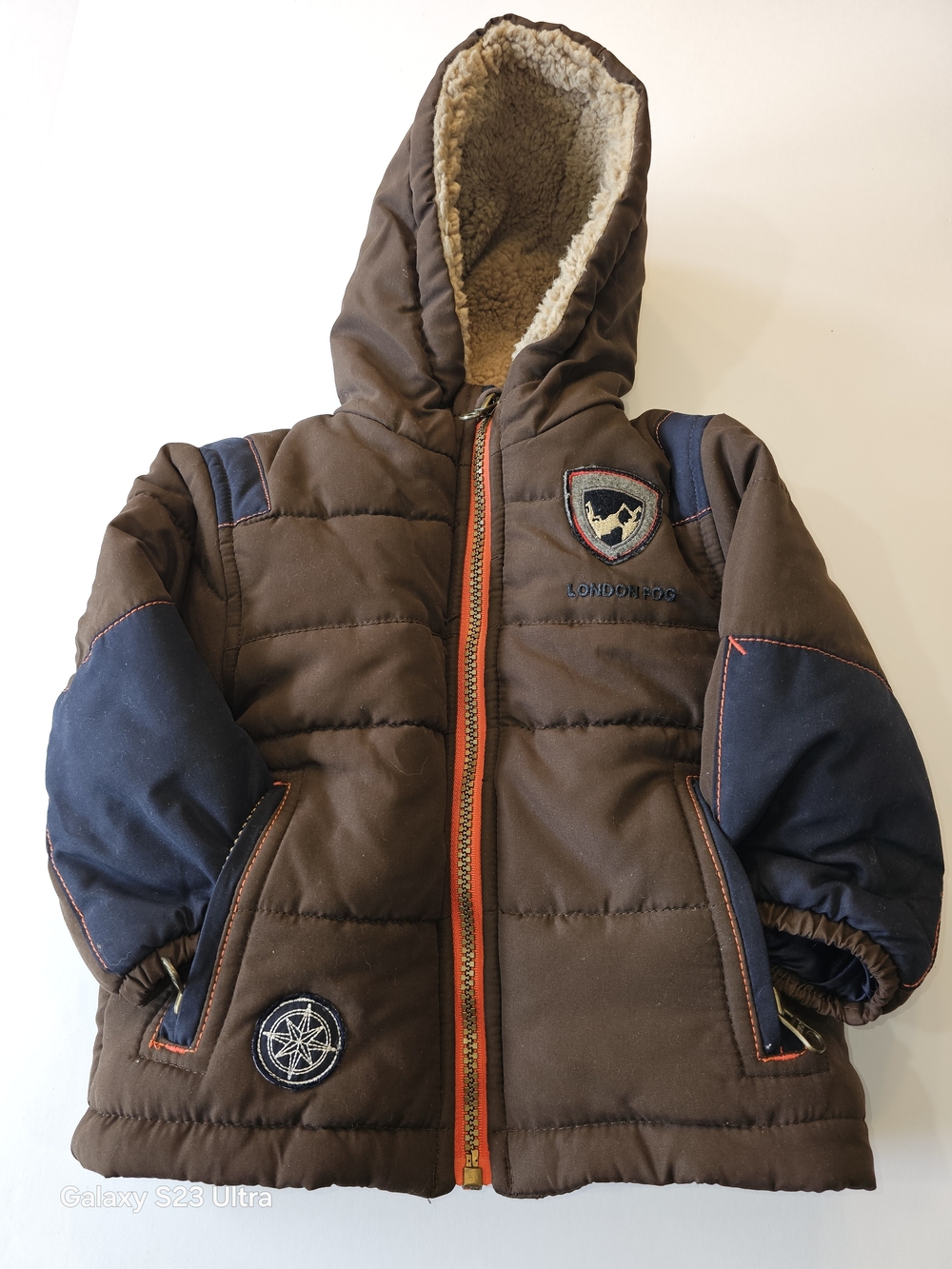 London Fog Brown and Navy Hooded Puffer Jacket for Kids